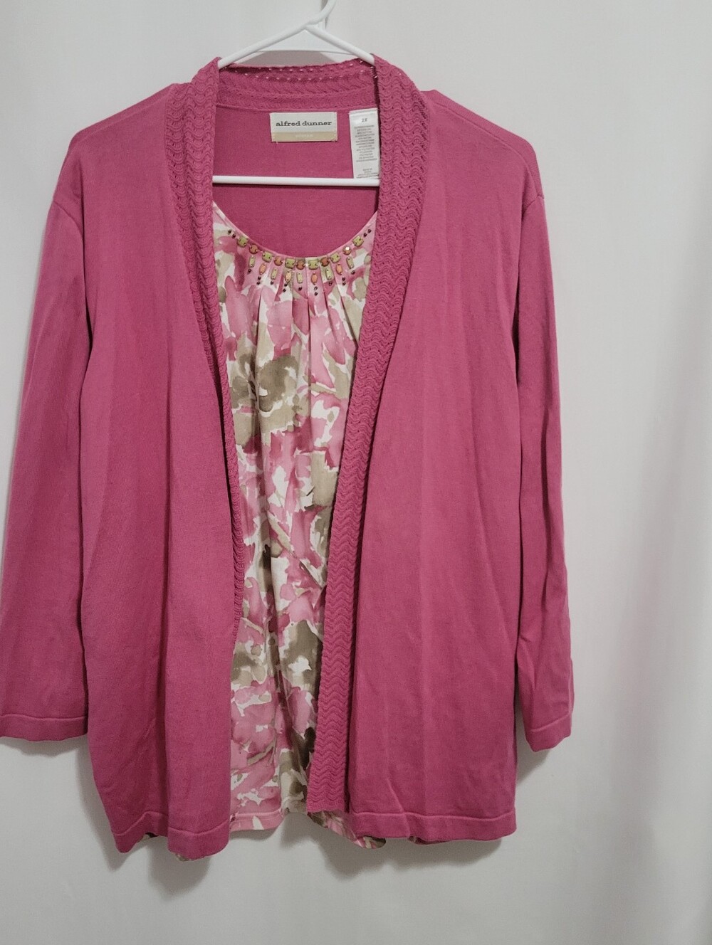 Alfred Dunner Woman Pink Open-Front Cardigan with Floral Shell, Size 2X
